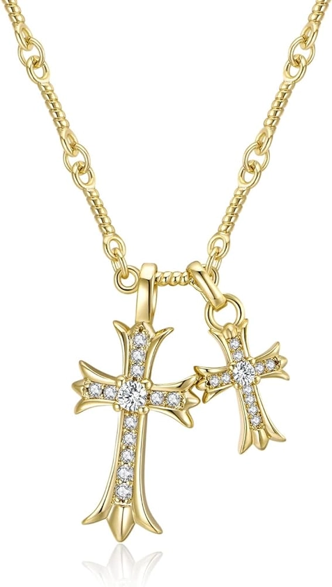 Double Cross Necklace for Women, 18K Gold Plated Cubic Zirconia Cross Pendant Necklace for Girls