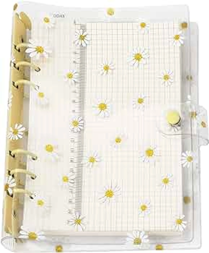 A6 A5 6-Holes Colorful PVC Cover Round Ring View Binder with Snap Button Closure File Folder for Loose Leaf Sheet Protectors Notebook Refill (Yellow Daisy, A5 Mini Set)