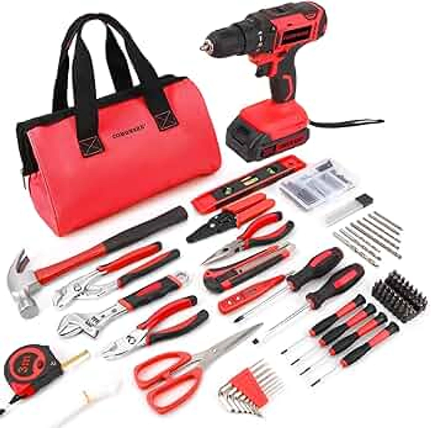 COMOWARE 171Pcs Home Tool Kit with 20V Cordless Power Drill, Power Drill Tool Set Home Repairing Tool Set with 20V Cordless Power Drill，Red