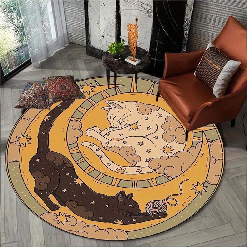 800g/m2 Crystal Velvet Cat Print Round Rug Doormat Floor Mat Home Carpet Hotel Living Room Floor Mats Anti Slip Aesthetic Room Decor Art Supplies Home