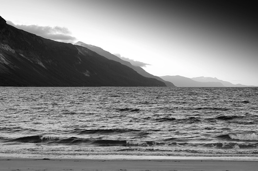 Black and white Norway seashore mountain landscape background hd