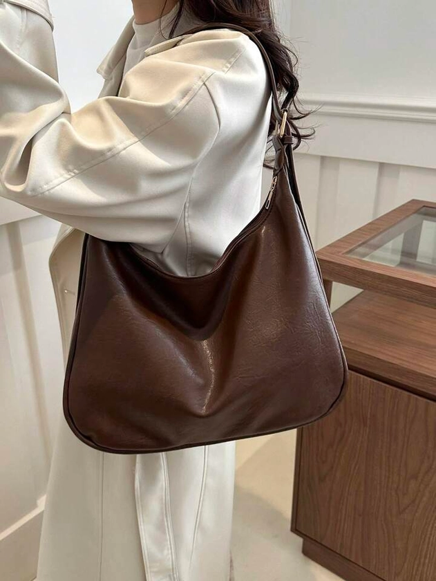 Solid Color Oily Pu Leather Casual Shoulder Bag With Large Capacity, Simple Design Shopping Tote & Crossbody Bag | SHEIN USA