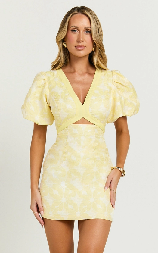 Diana Mini Dress - Jacquard Short Sleeve Cut Out Dress in Lemon