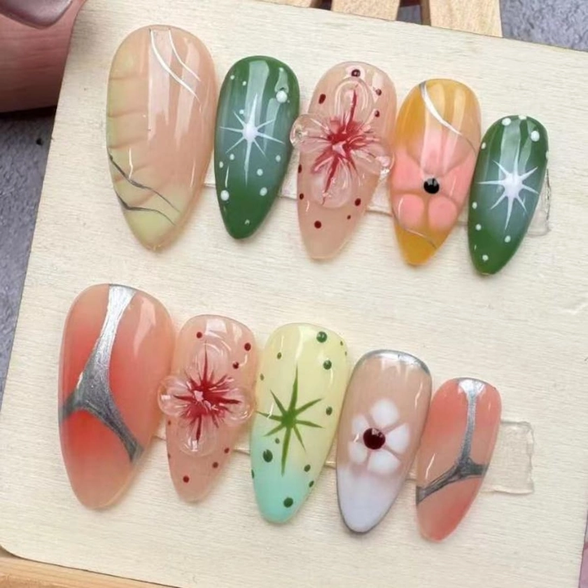 3D Flower Nails/custom press on nails/party press on nails/Flakes for nails/wedding nails gift/Japanese nails/Long nails/Almond nails