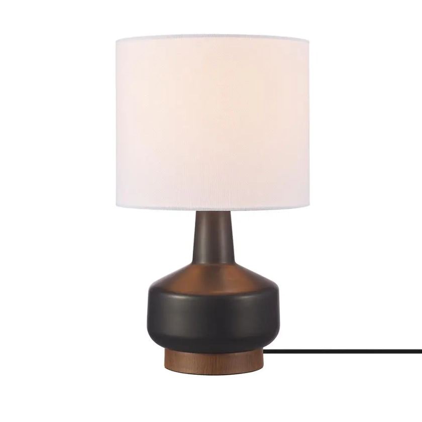 Globe Electric 15 in. Ceramic Table Lamp, Matte Black, Wood Toned Base, White Linen Shade, On/Off Rotary Switch on Socket, Living Room 91006012 - The Home Depot