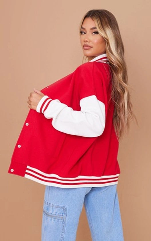 Red Contrast Sleeve Varsity Bomber Jacket