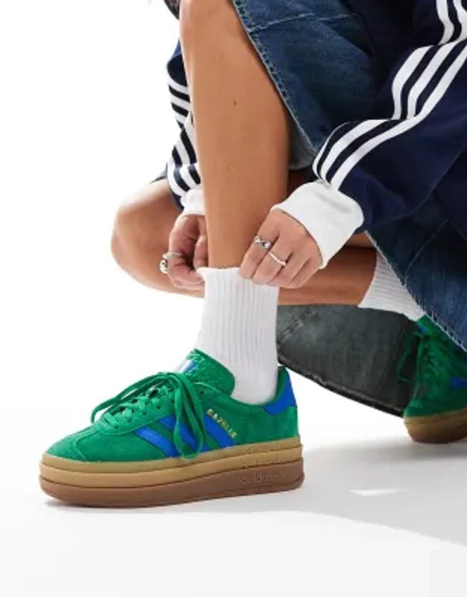 adidas Originals Gazelle Bold trainers in green and blue with gum sole