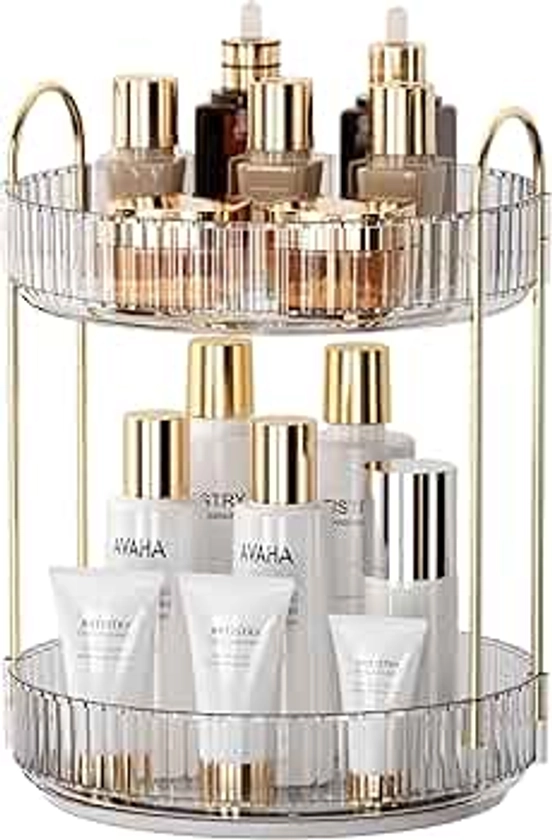 YCIA&DONE 360 Rotating Makeup Organizer and Storage for Vanity Countertop 2 Tiers, High Capacity Cosmetic Skincare Perfume Organizer for Dresser Bathroom Lazy Susan Organizers(Clear White)