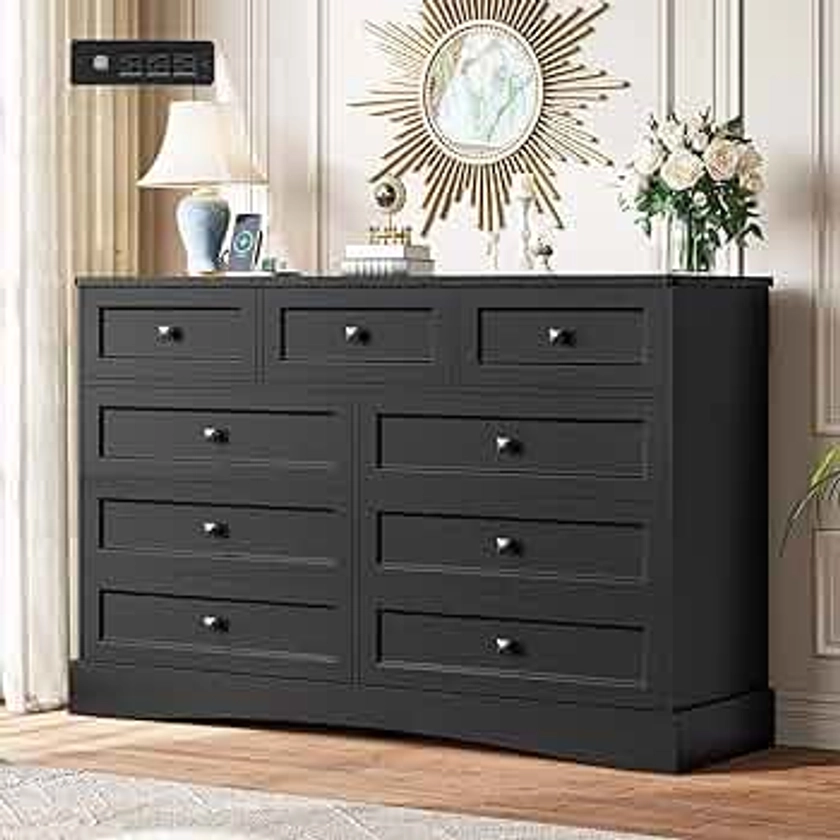 Hasuit Black Bedroom Dresser with 9 Drawers, 51.2" Large Drawer Dresser with Charging Station, Wide Farmhouse Dresser Chest of Drawers, Wooden Storage Tower Organizer Dresser for Bedroom, Living Room