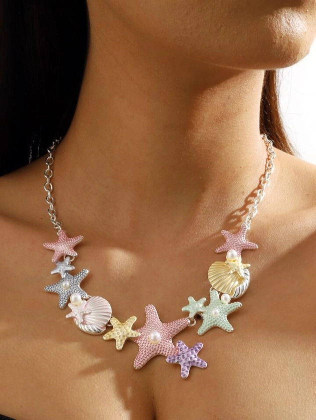 1pc Casual Beach Style Pastel-colored Starfish, Shell And Pearl Necklace For Ladies' Leisure Vacation Wear