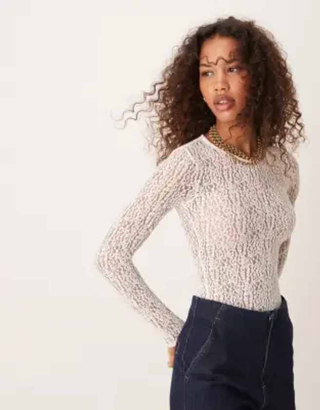 New Look crew neck lace bodysuit in off white | ASOS