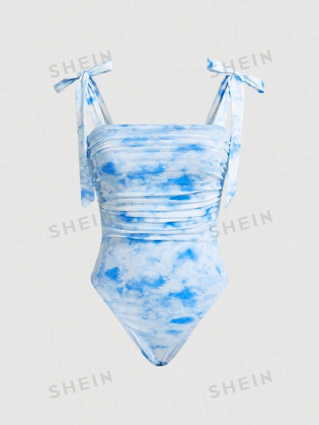 SHEIN MOD Tie Dye Strapless Bodysuit With Bowknot And Pleats