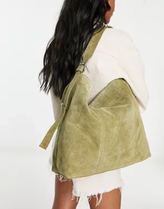 ASOS DESIGN suede tote bag with buckle in khaki green | ASOS