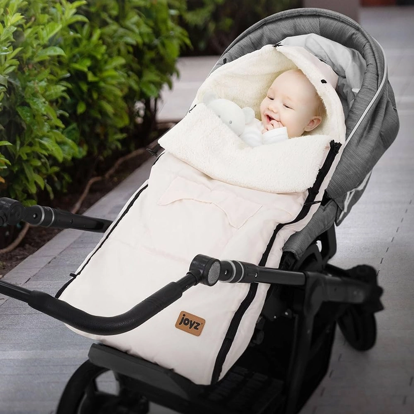 Joyz Chancelière pour Bébé, Polyester, Créme, Sac de Couchage Universelle, Fermeture Éclair, Résistante aux Intempéries, Picots Antidérapants, Couverture Douillette d'Hiver, Poussette oú Siège Auto