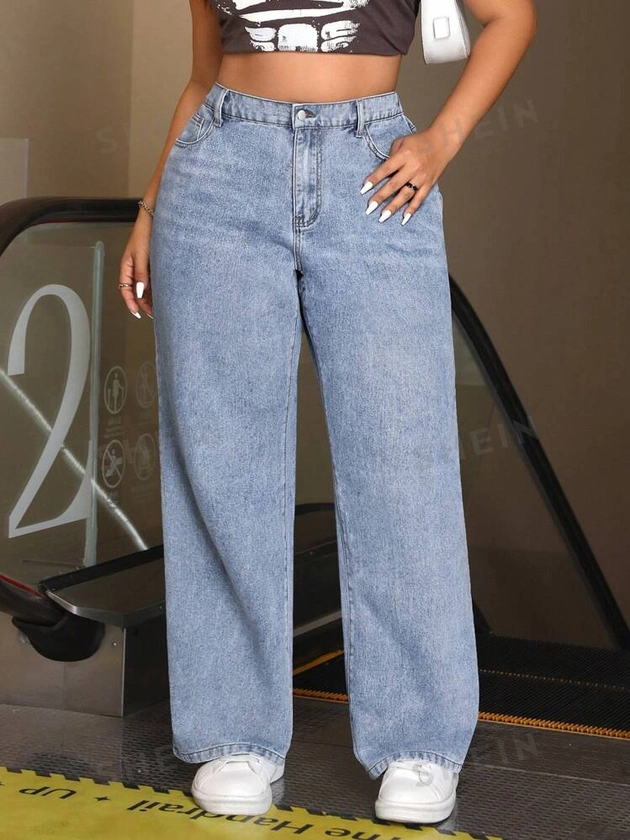 SHEIN EZwear Pantalon en jean décontracté et droit grande taille et ample