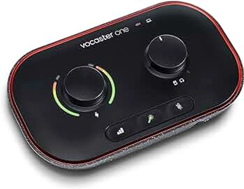 Focusrite Vocaster One — Podcasting Interface for Recording as a Solo Creator. Use Auto Gain, Enhance, and Mute for Easy Podcasting. Small, Lightweight, and Powered by Computer