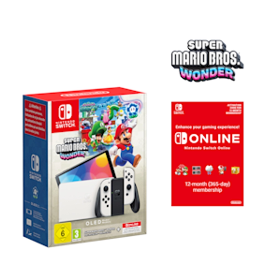 Nintendo Switch – OLED Model (White) + Super Mario Bros. Wonder + Nintendo Switch Online Individual 12-Month (365-Day) Membership