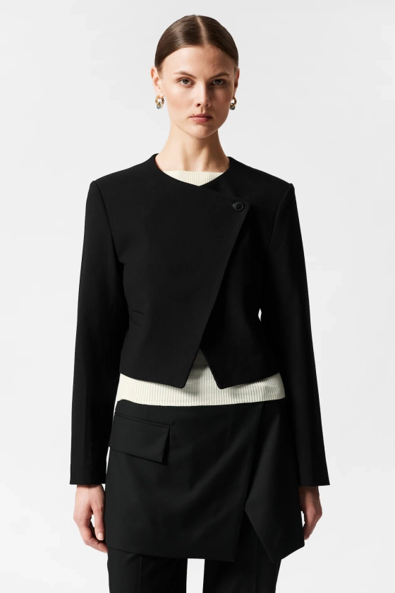 Cropped Collarless Blazer - Round neck - Long sleeve - Black - Ladies | H&M GB