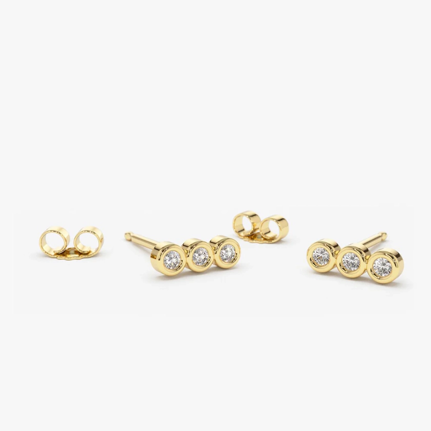 14K Gold 3 Stone Diamond Bezel Earrings
