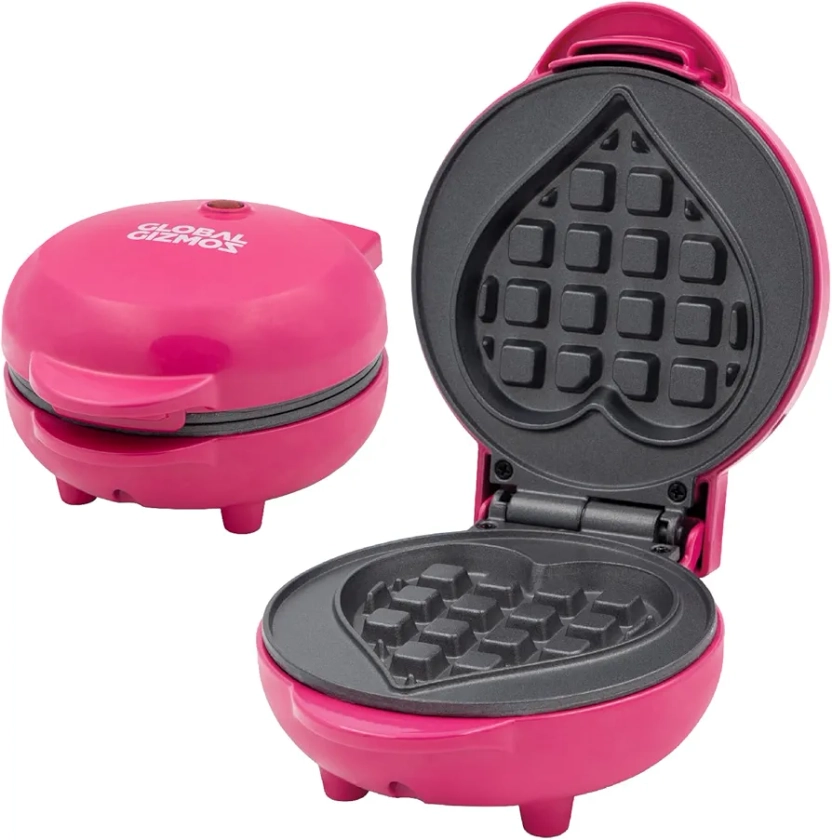 Global Gizmos 37619 Mini Heart Waffle Maker/Non-Stick Plate/Safe Cool Touch Handles/Compact Belgian & American Waffle Machine / 550W Power