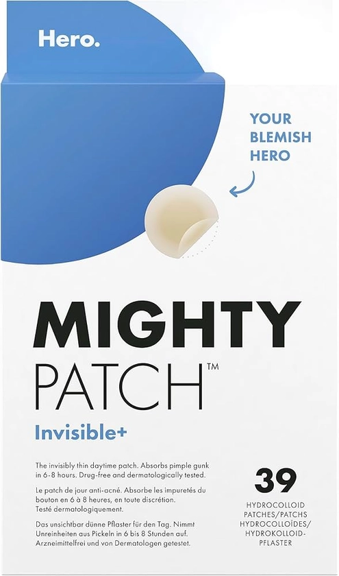Hero – boîte de 39 Mighty Patch Invisible+ – pour jour, anti-acné – hydrocolloïdes – Absorbe les impuretés du bouton en 6 à 8 heures en toute discrétion : Amazon.fr: Beauté et Parfum