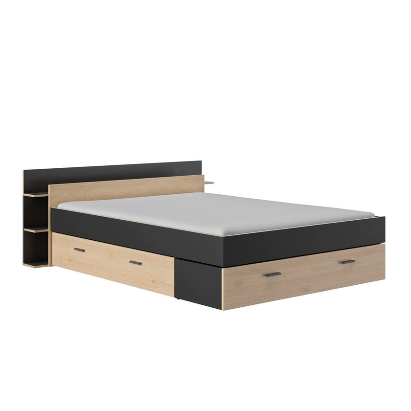 Lit avec rangement Eveline 160x200 - noir/châtaignier naturel | Leen Bakker