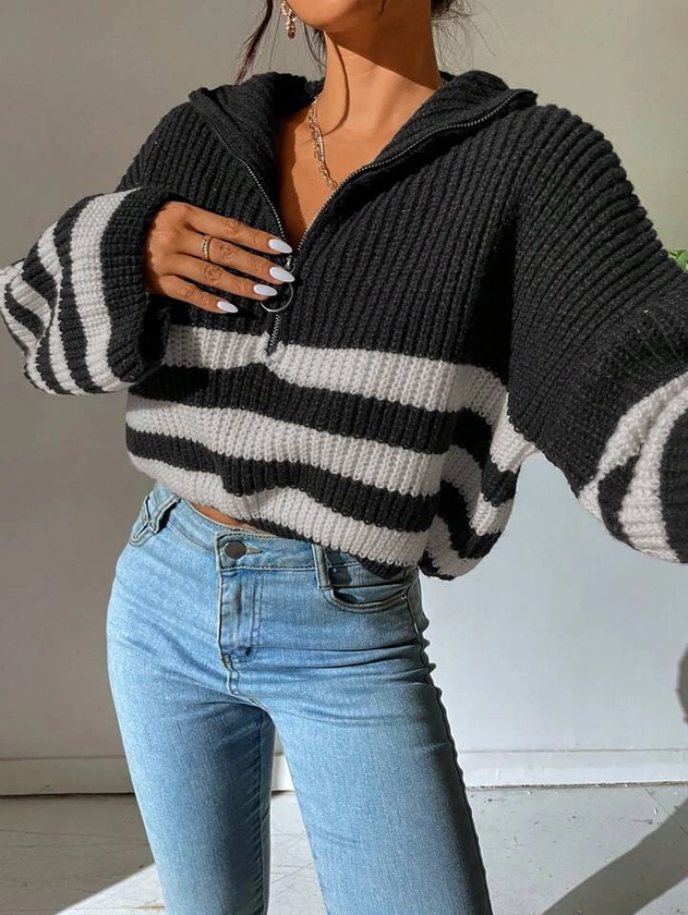SHEIN EZwear Women's Fashionable Striped Half-Zip Sweater