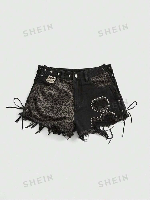 ROMWE Grunge Punk Sexy Street Style Leopard Print Patchwork Studded Frayed Women's Denim Shorts, School