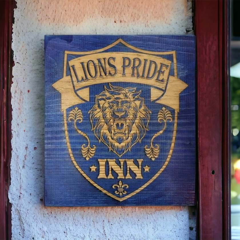 LIONS PRIDE INN blue stained solid wood wall & shelf decor inspired by World of Warcraft. For the Alliance Elwynn Forest Azeroth Stormwind