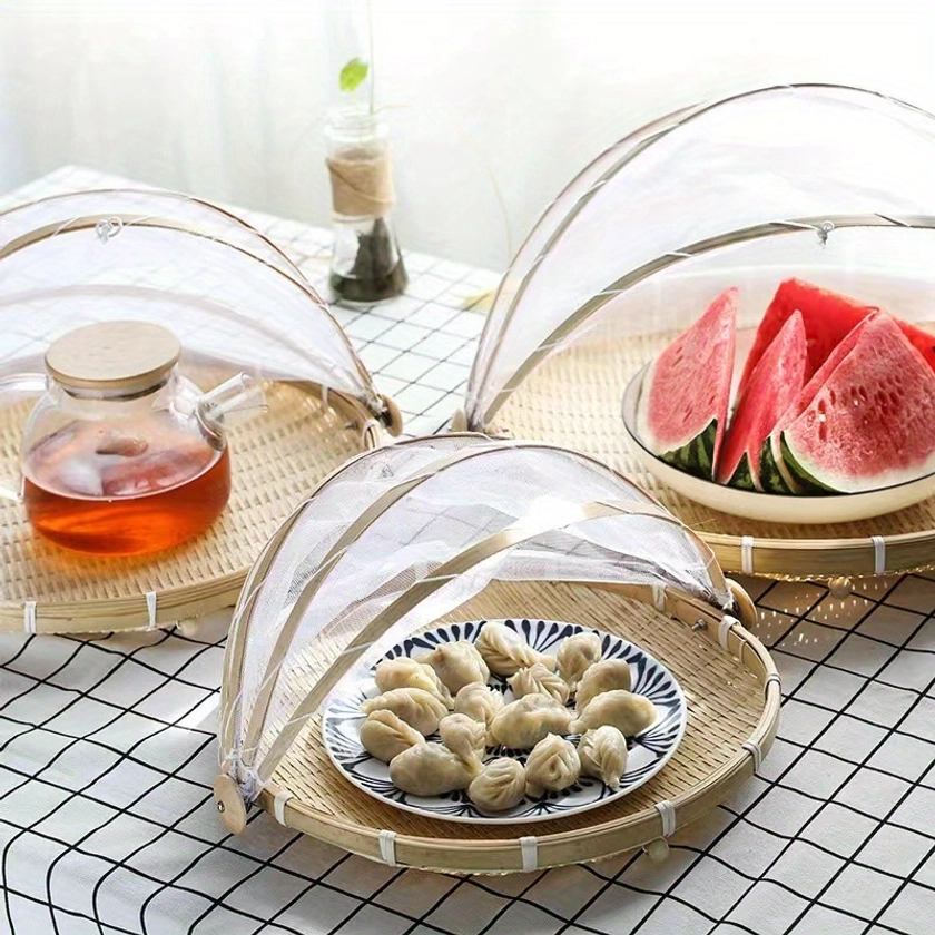 1pc, Wooden Basket, Bamboo Woven Insect-proof Drying Frame With Net, Food Storage Basket, Kitchen Supplies, Accessories