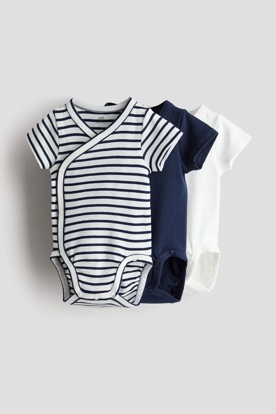 3-pack wrapover bodysuits - Short sleeve - Dark blue/Striped - Kids | H&M GB