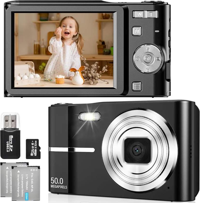 FAYIBUY Appareil Photo Numérique 50MP 1080P FHD Compact Caméra avec Mise au Point Automatique Digital Camera avec Zoom Numérique 16X Carte SD de 32 Go pour Étudiant Adulte Débutant Cadeau