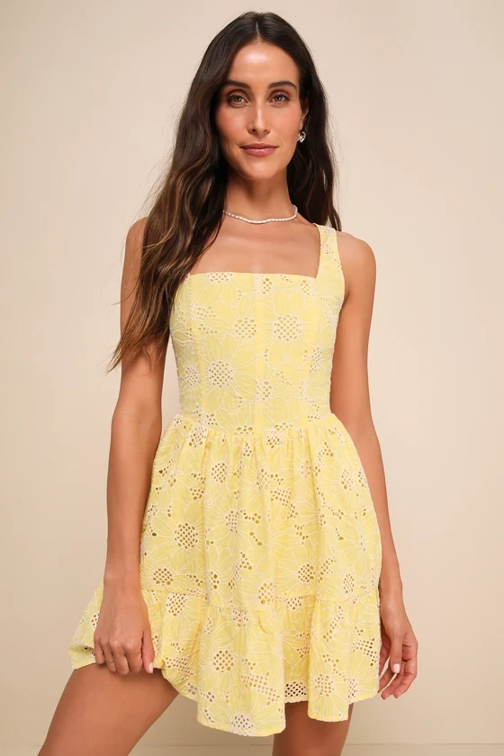 Bright Personality Yellow Embroidered Floral Skater Mini Dress