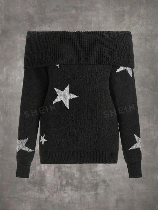 ROMWE Grunge Punk Jersey con patrón de estrella doblado de hombros descubiertos