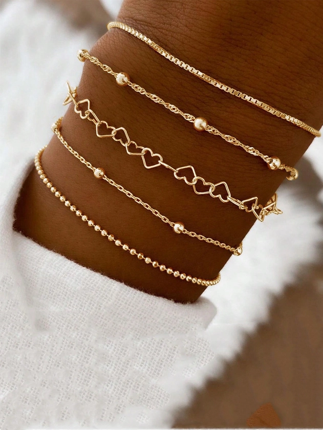 5pcs/set Simple & Minimalist Round Bead Decorated Women's Bracelet Set