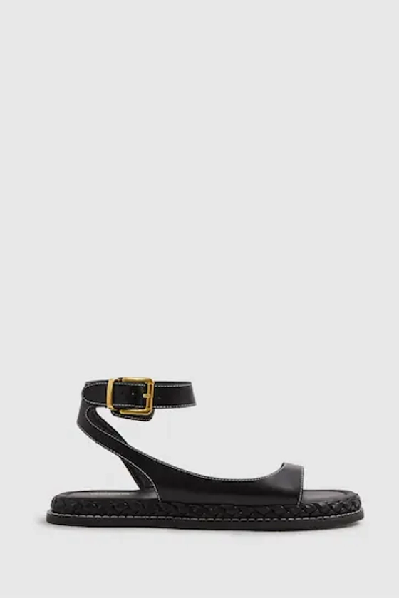 Reiss Black Gabi Leather Plait Detail Sandals