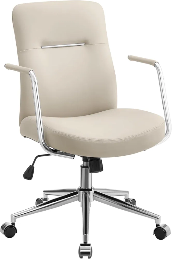 SONGMICS Chaise de Bureau Pivotante, Fauteuil Ergonomique, Surface en PU Facile à Nettoyer, Hauteur Réglable, Dossier Confortable, Assise Incurvée, Capacité 150 kg, Beige Cappuccino OBG031W01