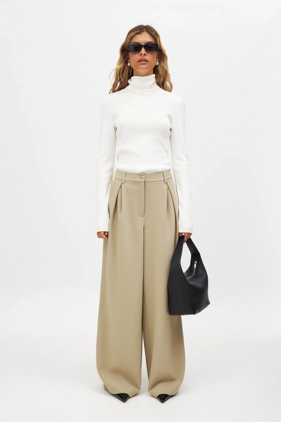 Wide High Waist Suit Pants Beige