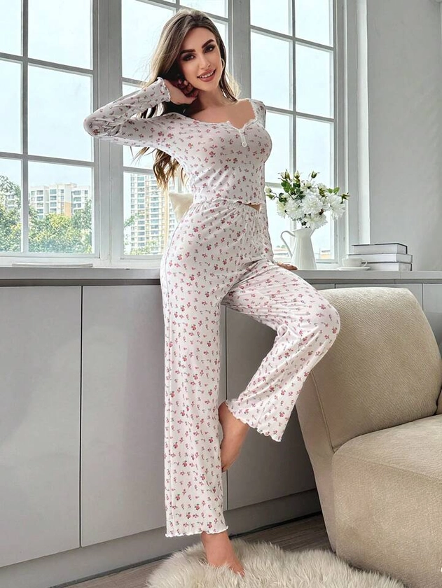 Ditsy Floral Print Lettuce Trim PJ Set | SHEIN USA