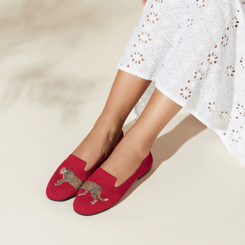 Audrey Round-Toe Embroidered Loafer for Bunions in Ruby Red-Cheetah | VIVAIA