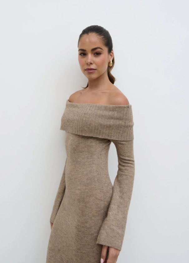 Soreya Bardot Soft Knit Dress - Brown Marl