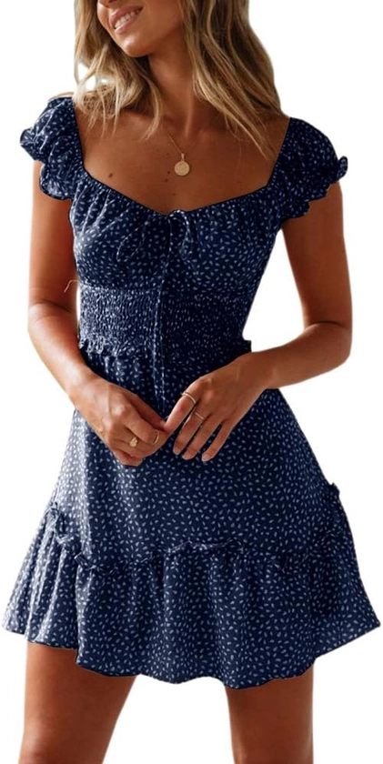YOBECHO Womens Summer Ruffle Sleeve Sweetheart Neckline Printing Dress (Medium, Navy Blue) at Amazon Women’s Clothing store