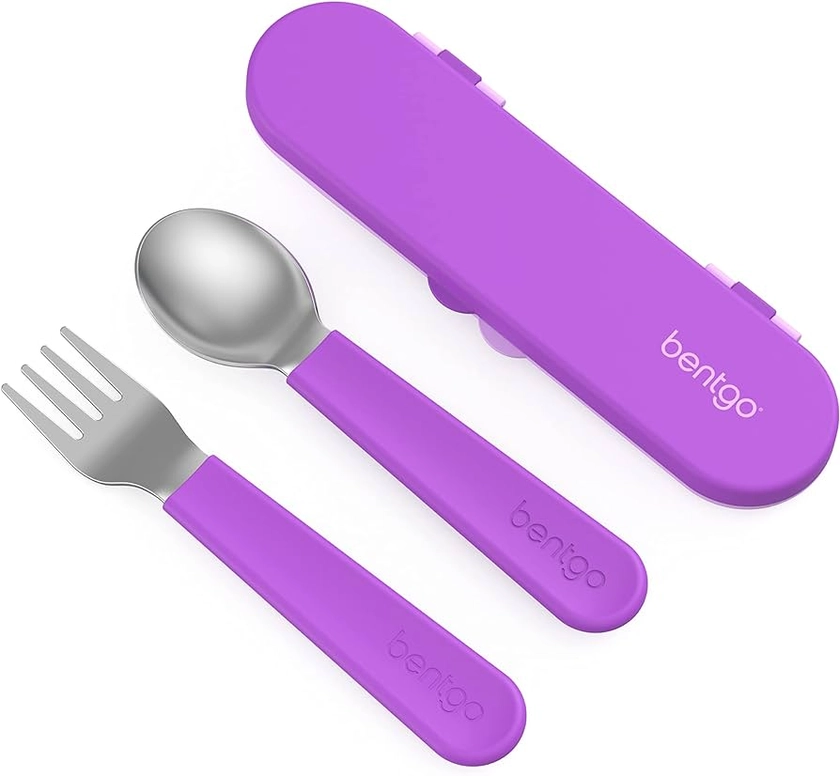 Bentgo® Kids Stainless Steel Utensil Set - Reusable Fork, Spoon & Storage Case - High-Grade BPA-Free Stainless Steel, Easy-Grip Handles, Dishwasher Safe for School Lunch, Travel & Outdoors (Purple)