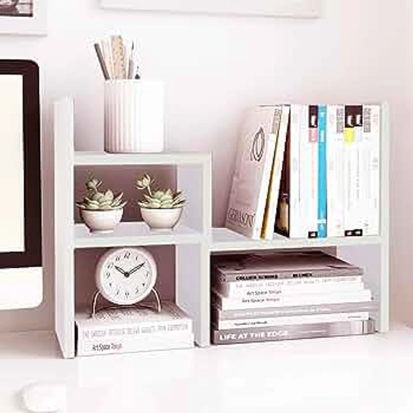 Jerry & Maggie - Desktop Organizer Office Storage Rack Adjustable Wood Display Shelf | Birthday Gifts - Toy - Home Decor | - Free Style Rotation Display - True Natural Stand Shelf (White)