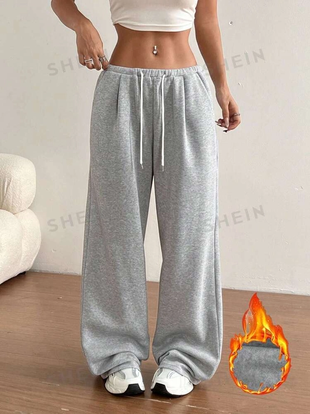 SHEIN EZwear Women Casual Drawstring Waist Relaxed Fit Fleece Lined Straight Leg Sweatpants For Autumn And Winter