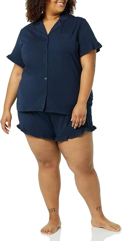 Amazon Essentials Pyjama Col Cranté Passepoilé en Coton Modal (Grandes Tailles Disponibles) Femme