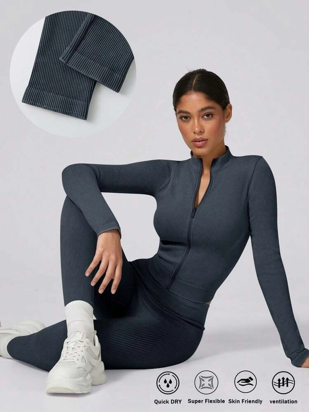 1 set Veste de survêtement extérieure à finition mate et pantalon de sport élastique pour femme pour l'automne/l'hiver