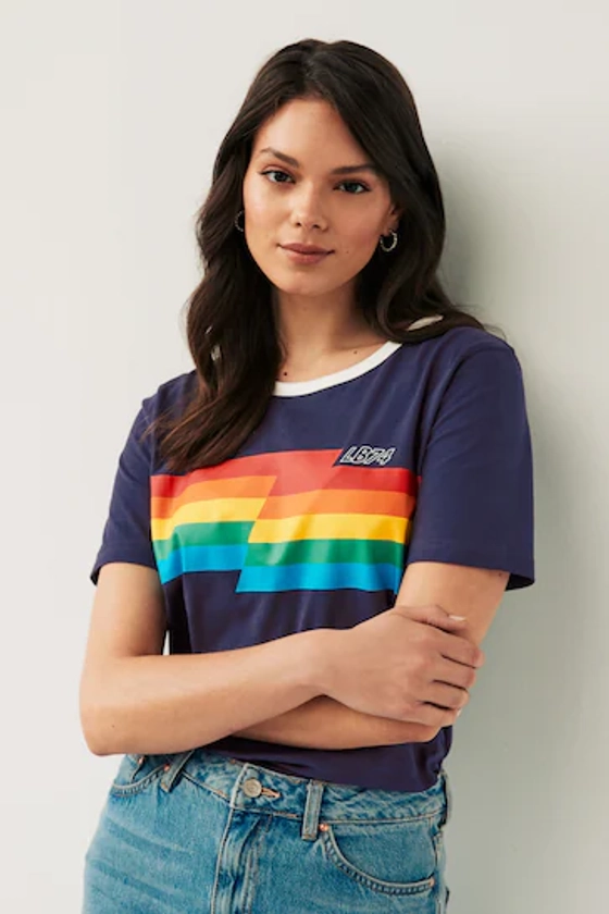 Little Bird by Jools Oliver Navy Adults Short Sleeve Rainbow Stripe T-Shirt