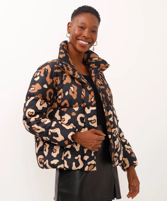 jaqueta puffer animal print preta