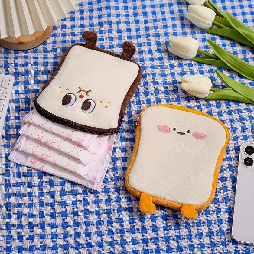 1pc Girl's Cartoon Toast Plush Purse, Earphone Sanitary Sundries Storage Bag